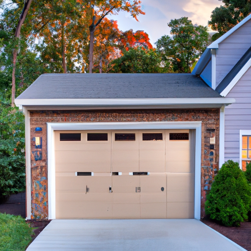 Upper Saddle River home exterior with modern insulated garage door, visible keypad and sensor, driveway and landscaping in soft late-afternoon light.