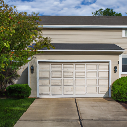 Suburban home in Upper Saddle River with a closed garage door, visible panel and weatherstripping, late-afternoon light.