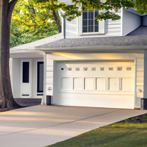 Suburban Upper Saddle River home with a modern white sectional garage door in soft afternoon light.