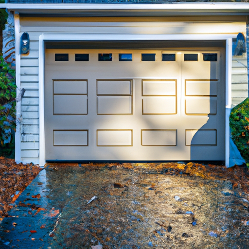 Insulated modern sectional garage door on a suburban Upper Saddle River home with driveway and fall foliage.