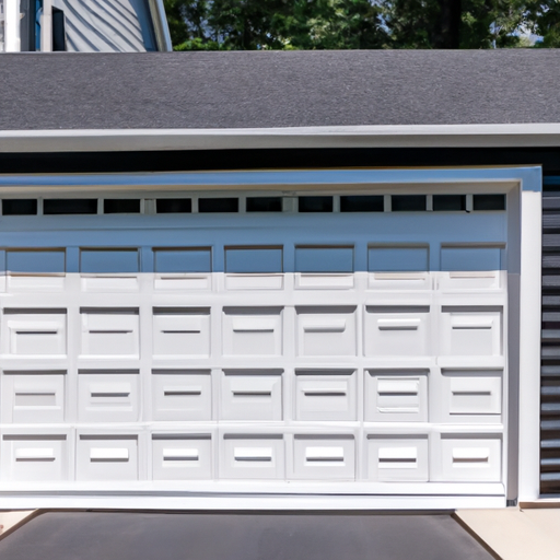 New sectional garage door on a suburban Upper Saddle River home, visible tracks and weatherseal, daytime street view