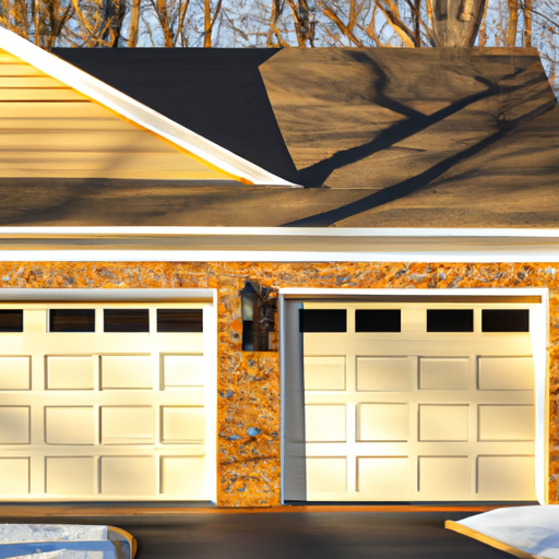Suburban Upper Saddle River home with a newly installed insulated garage door at golden hour, showing threshold seal and frosted windows.