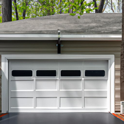 Suburban garage in Upper Saddle River, NJ with a sectional garage door and visible opener rail, spring daylight.