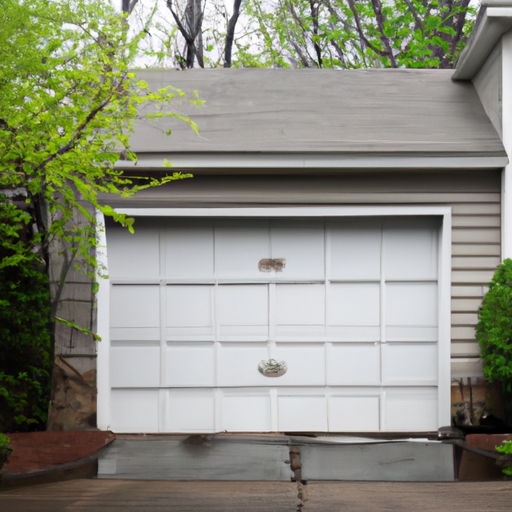 Suburban Upper Saddle River home with a modern paneled garage door, wet driveway, and trees in soft overcast light.