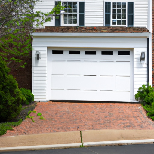 Suburban Upper Saddle River driveway with a white paneled garage door on a brick house, mid-morning light, no people.