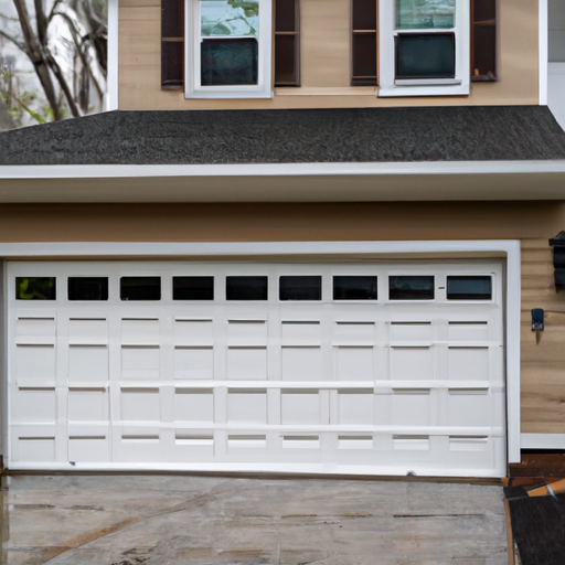 New sectional garage door with visible seals and wet driveway in a suburban Upper Saddle River, NJ home.