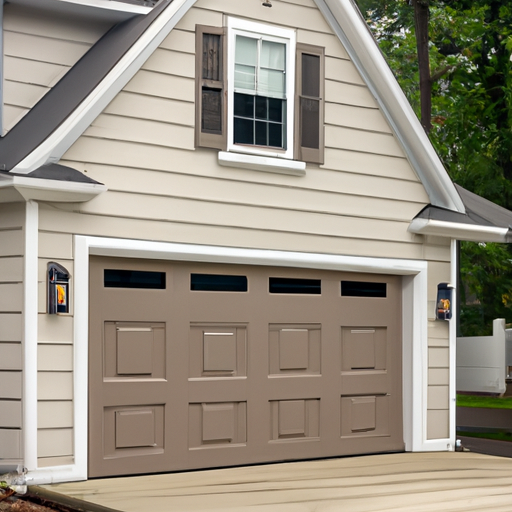 Modern sectional garage door on a suburban Upper Saddle River home, full facade visible, no people.