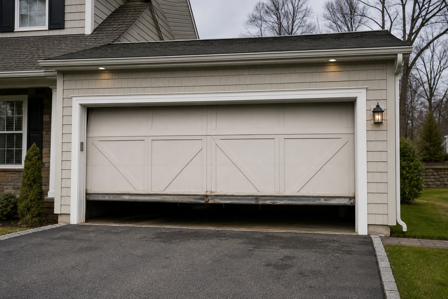 Upper Saddle River garage door with worn hardware on a suburban home exterior